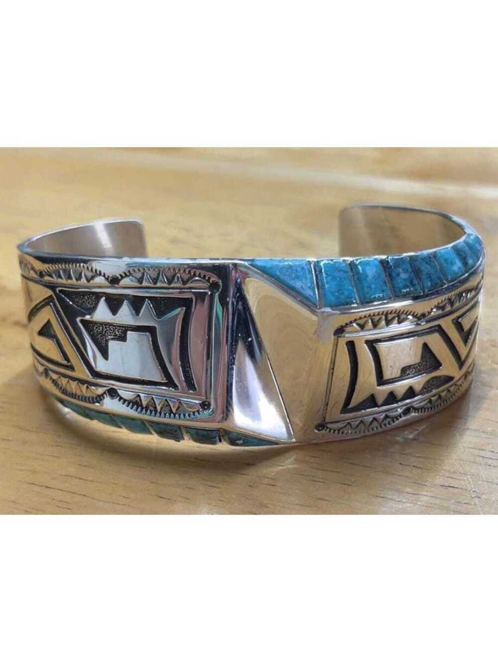 Navajo sterling silver turquoise cluster traditional bracelet/cuff -Leonard Jim
